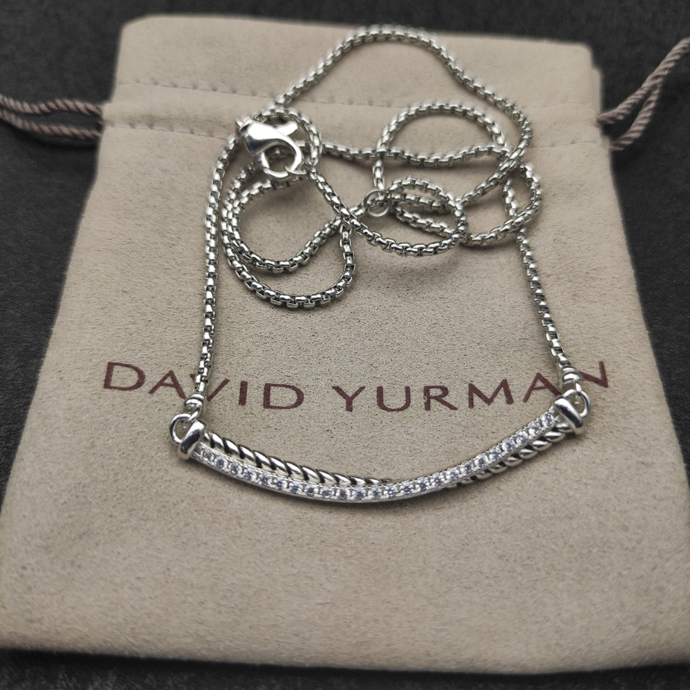 David Yurman Silver Pave Diamond Cable Smile Necklace with Original Pouch